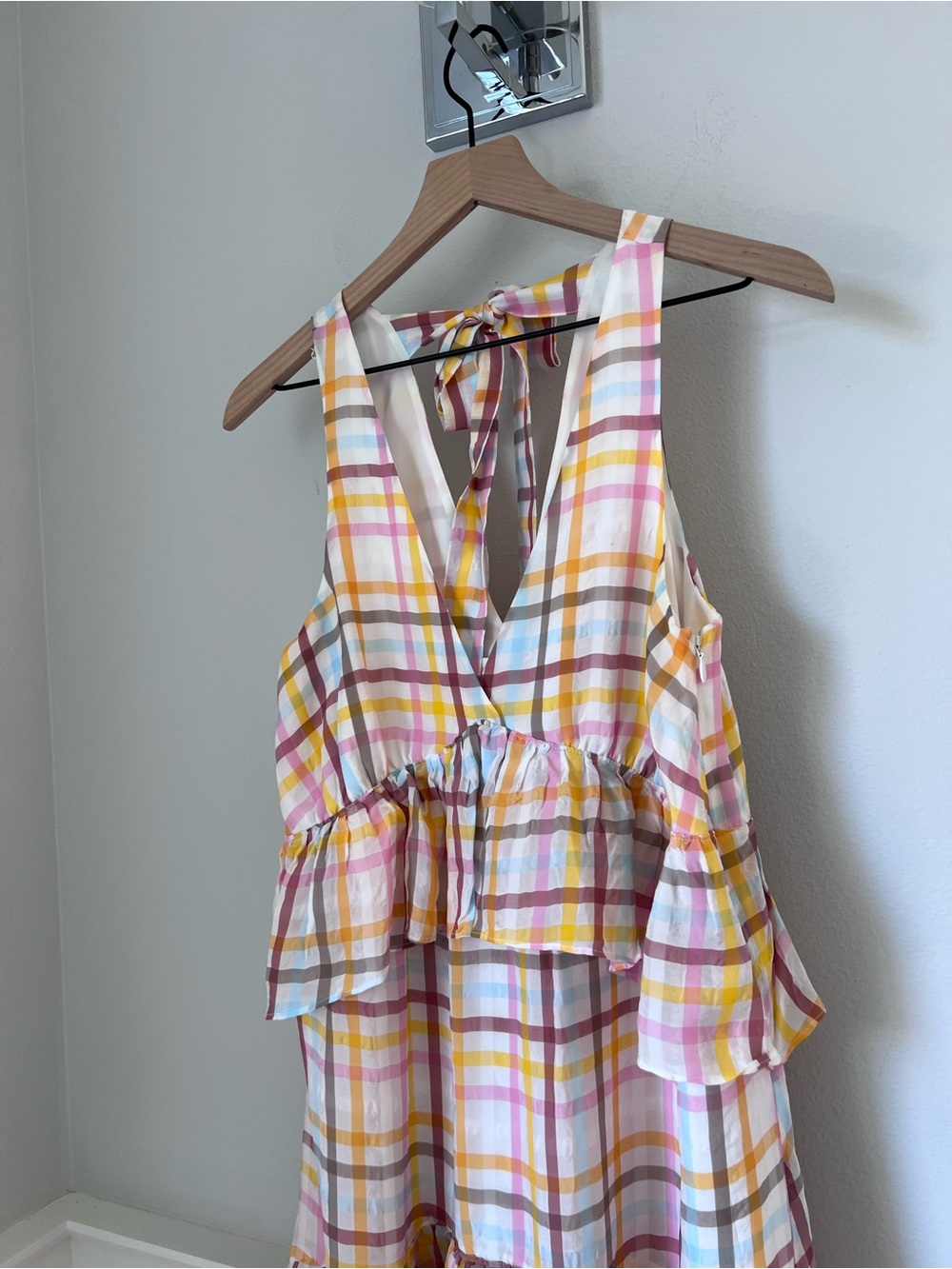 cinq a sept Pastel Plaid Tiered V-Neck Maxi Dress in Yellow and Pink - Picture 4 of 11